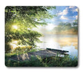 Fishing Pier by Lake Mouse Pad, Nature Sunrise Landscape Desk Mat | Clouds and Trees Scenery in The Morning, 9.5"x 7.9", Cute Smooth & Anti-Slip Mousepad - color: Green Blue