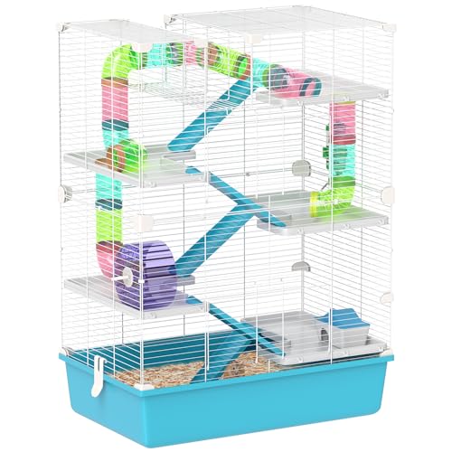 PawHut Large Hamster Cage 6 Tier, 32" DIY, Dwarf & Gerbil, Light Blue | Small Animal Cage, Tubes and Tunnels, Hut, Wheel, Food Dish, Water Bottle, Ramps