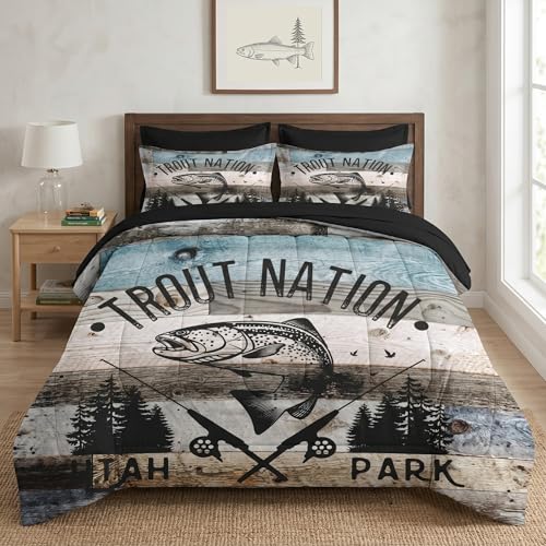 WeCozy Full Comforter Set with Sheets, 7 Pieces Vintage Fishing Bedding | Bed in A Bag for All Season, Fish Retro Lake Wood, 2 Pillowcases & 2 Shams for Kids and Adults - color: Vintage Fishing, size: Full