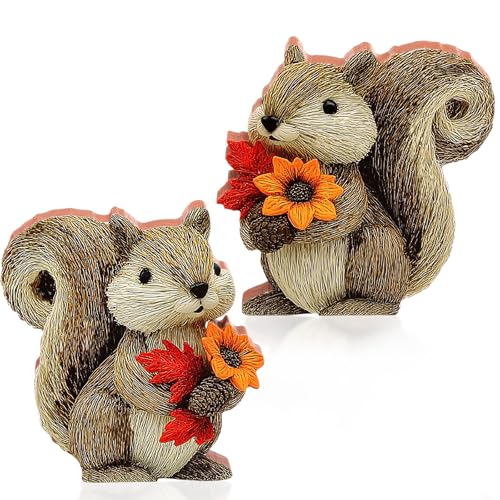 DoubleFill 2 Pcs Fall Squirrel Figurine Thanksgiving Wooden Squirrel Figurines Table Decoration for Autumn Thanksgiving Gifts Home Office Centerpiece Decor Party Supplies (Modern Style) - style: Modern Style