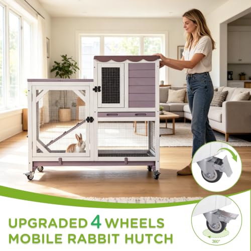 GUTINNEEN 2-Story Rabbit Hutch Indoor Bunny Cage Outdoor Guinea Pig House Wooden Small Animal Cage with Chew-Proof Ramp, Leak-Proof Tray, Lockable Wheels for 2-4 Rabbits, Guinea Pigs (Grey) - size: 39.3"L x 22.0"W x 36.8"H