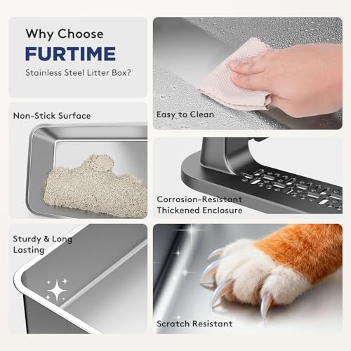 FURTIME 2 Pack Stainless Steel Cat Litter Box with Lid, Metal Kitty Litter Box for Small Cats, Kitten Litter Boxs with Non-Sticky, Anti-Leakage, Easy to Clean, 17"x13"x8.4" (Small) - color: Grey