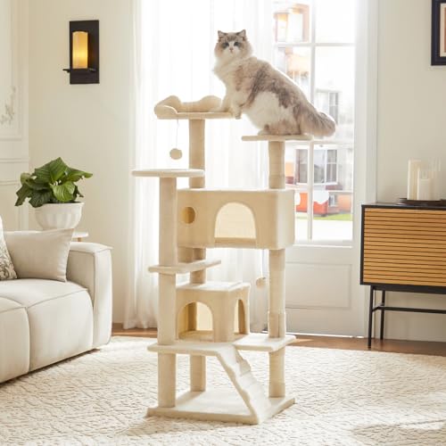 Sweetcrispy 54-Inch Cat Tree Tower – Multi-Level with Sisal Scratching Post, Perfect Pet Gift, Indoor Condo with Climbing Ladder, Plush Toy, and More Animal Stuff, Beige | Multi-Level with Indoor Cat Condo with Climbing Ladder, Plush Toy, Play House for P