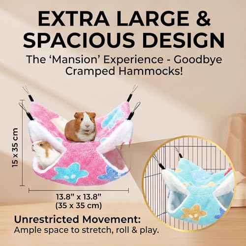 2 Pack Large 13.8x13.8in Rat Hammock for cage, Cozy Ferret Bed and Plush Hamster Hideout, Reliable Guinea Pig Accessories for cage, Great Small Animal beds,Purple, Coffee (Pink, Green) - color: Pink, Green