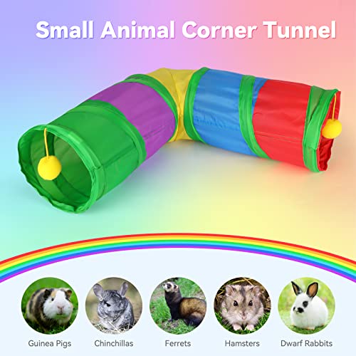 YUEPET Corner Guinea Pig Tunnel, Bunny Tunnel, Small Animal Tubes & Tunnels | Right-Angle Design, Cage Ties, Folds for Storage, Steel Frame Support, Hanging Play Balls, 5.8 in Entrance, Rainbow