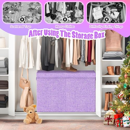 Large Toy Storage Box with Lid, Dividers, Collapsible Kids Toy Chest Purple | Toy Box for Boys, Girls, Nursery, Bedroom, Living Room, Playroom, 25 x 13 x 16 inches - color: Large Purple
