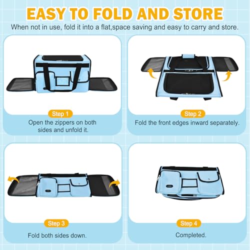 HUANLANG Large Cat Carrier Travel Soft Sided Pet Carrier Airline Approved | Dog Carriers for Small Dogs Medium Cats,Collapsible,3 Storage,zipper lock,Reflective strips,Luggage Strap, Up to 15 Lbs - color: Light Blue