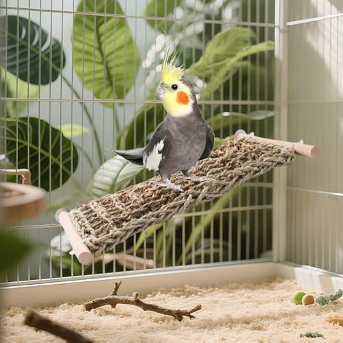 Bird Cage Ladder Perch, Seagrass Woven Ladder Hammock Exercise Stands Parakeet Climbing Chewing Bridge for Parrots Lovebirds Cockatiels Conures Budgies, Bird Cage Accessories