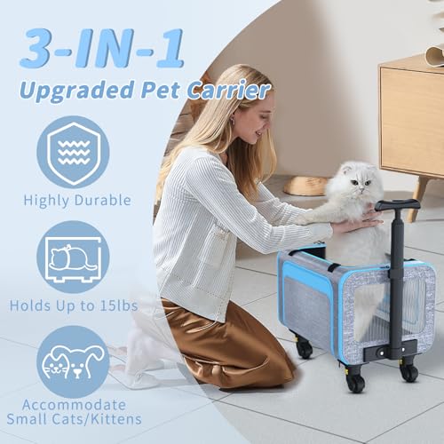 Airline Pet Carrier with Wheels, 18x11x11 for Cats & Toy Dogs | Soft-sided nylon under-seat bag, removable wheels, expandable mesh, cats & toy-breed dogs, measure pet before buying - color: Blue