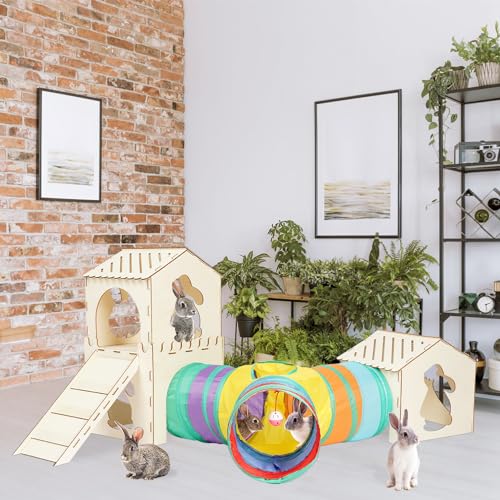 Extra Large Sturdy Rabbit Hideout with 3 Way Tunnels, Wooden Bunny Castle with Stairs, Rabbit Hideout Castle Tower Toys for Indoor Outdoor Play - color: -Natural -01
