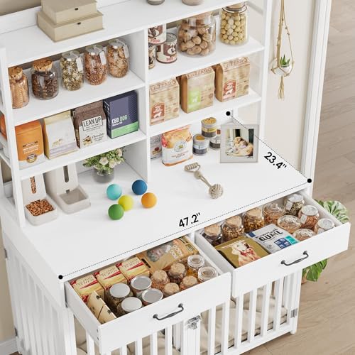 Keyluv 71''H x 47.2''W Large Dog Crate Furniture with 4-Tier Shelves and 2 Storage Drawers, Heavy Duty Dog Cage Furniture with 2 Doors, Wood & Metal Dog Kennel Indoor for Small/Medium/Large Dog, White - color: White