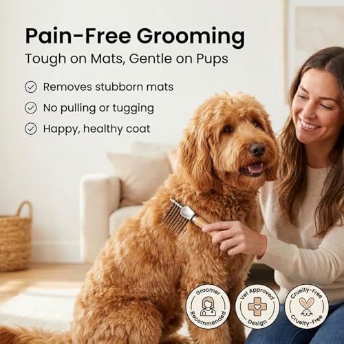 Dematting Rake for Dogs, Detangling, Grooming Tool For Matted Pet Hair | Best for Doodles, Poodles, Goldendoodles, Mat Remover, Undercoat Rake, Detangler Brush for Dogs, Comb Tool for Grooming - size: Dematting Rake Regular