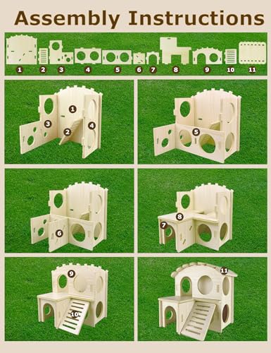 Hamster Hideout Cage Accessories - Hamster House and Habitat Wooden Hide Hut with Climbing Ladder and Platform for Dwarf Gerbils and Mouse Mice Rat Other Small Animals etc.