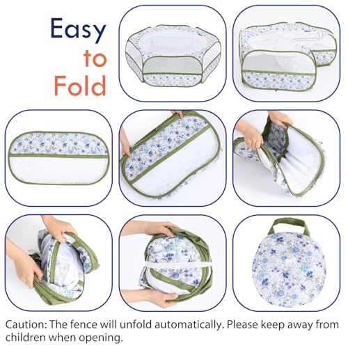 Pawaboo Small Animal Playpen with Zippered Cover, Blue + White Flower | Portable pop-up pet tent for supervised rabbits, guinea pigs, chicks and kittens; water-resistant bottom and 3 metal rods - color: Blue + White Flower