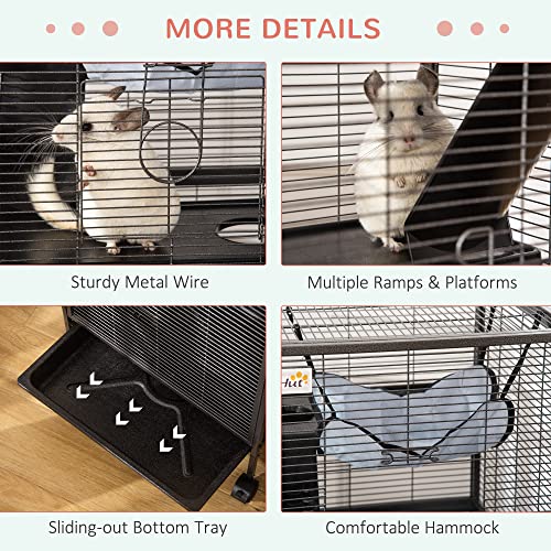 PawHut Metal Small Animal Cage, 4-Tiers Rolling Big Ferret Cage, Gray | with Hammock, Removable Tray, for Chinchilla, Sugar Glider - color: Grey, size: 20.5"L x 20.5"W x 44.8"H