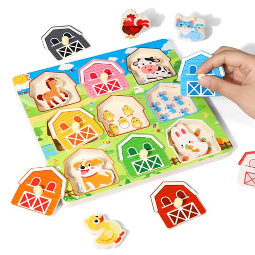 Toddler Wooden Puzzles Ages 1-3, Montessori Toys for 12+ Months Boys Girls | Birthday Gifts, Wood Farm Animal Peg Fine Motor Skills Toy Puzzles for Toddlers Age 2-4 Girls - Preschool Learning Activities