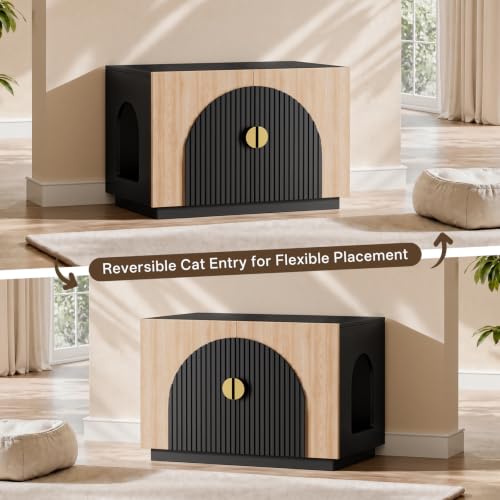Amunrbrek Cat Litter Box Enclosure Furniture, 31.5" Arched Fluted Cabinet - color: Black and Natural