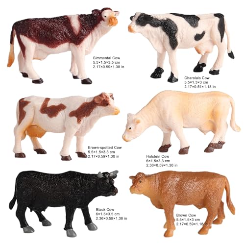 6PCS Mini Cow Figurines, Realistic Plastic Farm Animal Figures | Hard Plastic Cattle Figurines for Kids, Educational Play, Cake Toppers, Farm Displays and Party Decorations