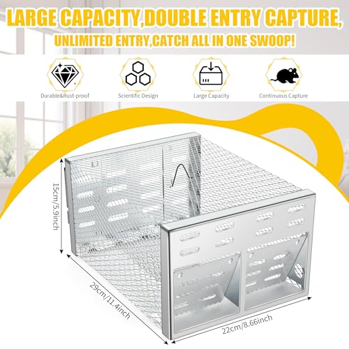 Humane Rodent Trap for Indoor & Outdoor Use - Automatic Multi-Catch Metal Cage with Dual One-Way Doors, Reusable Safe Trap for Mice, Chipmunks & Small Animals