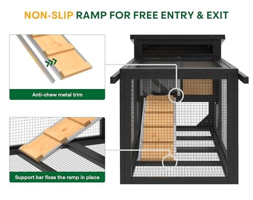 2-Story Rabbit Hutch, Wooden Bunny Cage with Chew-Proof Ramp, Indoor Outdoor Rabbit Cage with Wheels & Pull-Out Tray for Rabbits & Small Animals, Black & Yellow