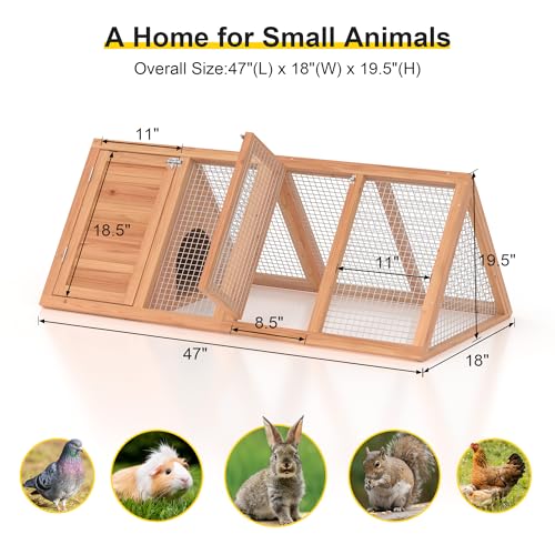 Rabbit Hutch, Small A-Frame Chicken Coop Outdoor w/ 2 Door & Run Cage(Wood) | Wooden Triangle Quail Hutch w/ Ventilating Wire Poultry Hutch for Small Animal Quail Cage Backyard - color: Wood