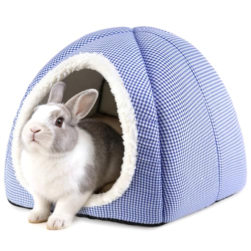 Rabbit Hideout Bed for Large Bunnies, Soft Plush Bunny House | Cozy Small Animal Hideaway with Removable Pad for Indoor Rabbits, Guinea Pigs, and Ferrets, Blue - color: Blue