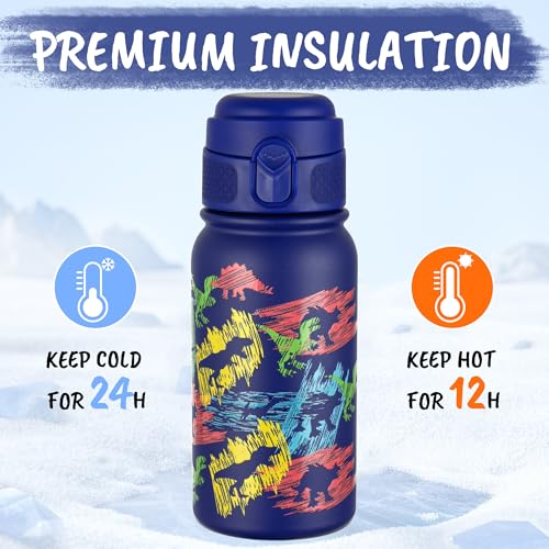 GOPPUS Kids Insulated Water Bottle 12oz, Leakproof Stainless Steel Thermos, BPA Free Double Wall Vacuum Insulated Bottle for School, Travel, Sports & Outdoor Activities, Boys Girls - color: Blue sketch dinosaur