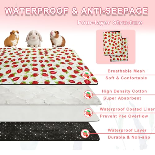 2 Pack Guinea Pig Cage Liners, 42"x 56" Washable Waterproof Bedding for Rabbit, Bunny, Hamster & Small Animals, Reusable Super Absorbent Pee Pads for C&C Cage, Strawberry Print - size: 42x56 inch 2pack