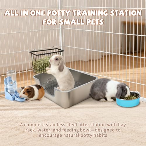 BWOGUE Large Stainless Steel Rabbit Litter Box, Bunny Litter Box with Grid | Raised Grid for Waste Separation, Hay Feeder, Water Dispenser, Easy-Clean Design, Guinea Pigs, Small Animals - size: M:17.7in ×13.8in × 5.9inches