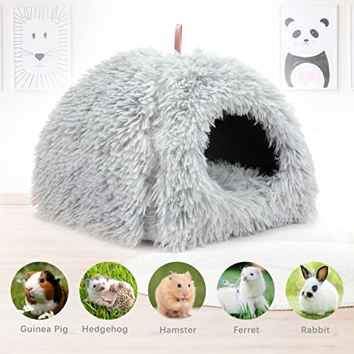 YUEPET Rabbit Bed, Rabbit Hideout, Guinea Pig Bed, Ferret Bed, Grey | Semi-Closed Cave, Long Plush Fabric, Removable Washable Pad, Non-Slip Base, for chinchilla Dwarf Rabbit - color: Grey