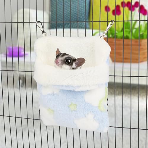 Sugar Glider Sleeping Pouch Hanging Bed for Small Pets, Blue | Soft flannel warm & cozy, pouch snuggle design, metal hooks for easy hang, portable, fits hamsters/rats/hedgehogs/squirrels - color: Blue