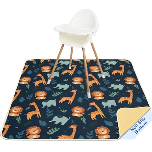 Basumee Splat Mat for Under High Chair, Waterproof & Mess-Proof Floor Mat | 46"×42" Baby Splash Mat, Non Slip Bottom, 4-Layer Fabric, Food & Liquid Catcher, Machine Wash for Boy Girl, Meals, BLW, Craft - color: Dark Blue Giraffe, size: 46x42 Inches