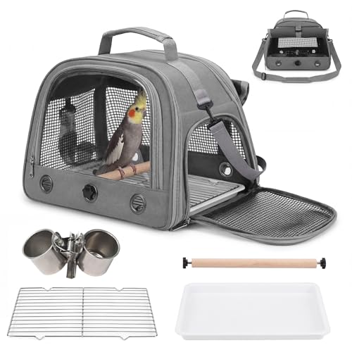 Bird Carrier, Lightweight Breathable Bird Backpack, Portable Wild Bird Carrier with Standing Perch for Parrot Travel Vet Visit (Grey)