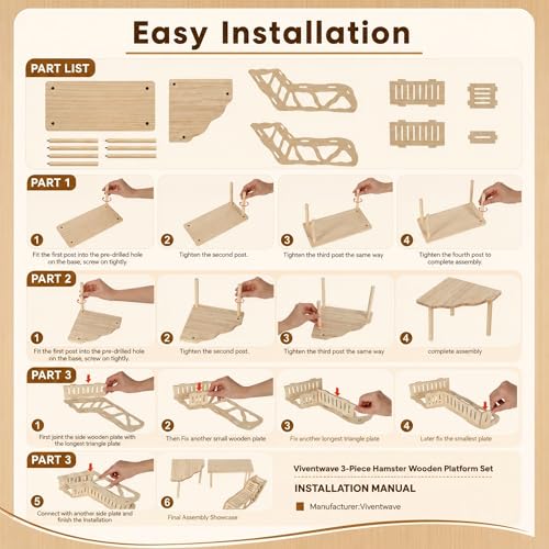 3-Piece Hamster Wood Platform Set with Tunnel Hideout, Natural Cage Accessories with Hides, Food & Water Stations, Climbing & Burrowing for Dwarf, Syrian Hamsters, Mice & Gerbils