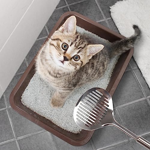 2pcs Cat Litter Scoop, Stainless Steel Litter Scoop Long Handle Durable Cat Mesh Shovel (Sliver)