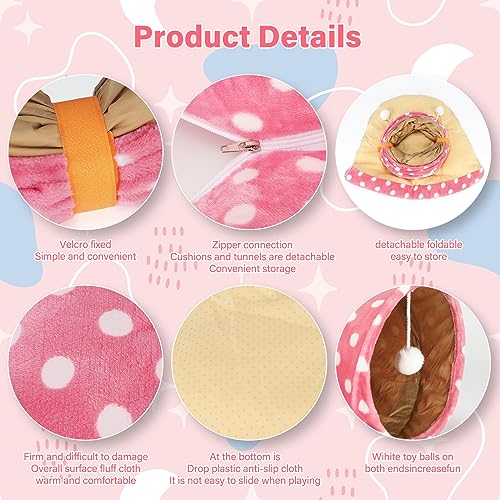 BWOGUE Bunny Tunnel Bed, 2-in-1 Collapsible Rabbit Tunnel Hideout with Mat | Rabbit Tunnel for Indoor Bunnies, 46.8 in Length, Removable Mat for Rest, Ball Toy for Play, Rabbits and Guinea Pigs - color: Pink