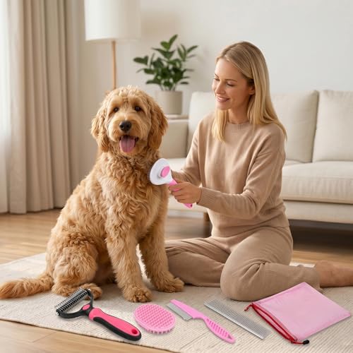 5-in-1 Dog Grooming Kit with Self Cleaning Brush & Rake, Pink | Professional Long & Short Haired Dog Hair Remover Set with One-Click Self-Cleaning Shedding Brush & Undercoat Rake for Cats - color: Pink