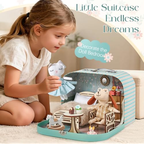 TUZT Portable Dollhouse Suitcase for Ages 3-8, Foldable Bedroom Playset with 21 Wooden Furniture, Cute Animal Dolls & Accessories, Travel-Friendly Pretend Play Toy - style: Living Room