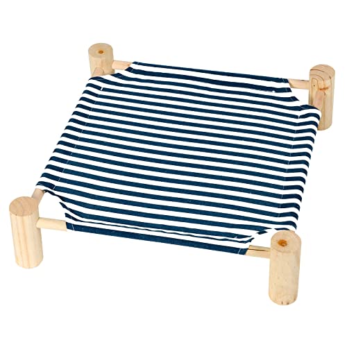 Patas Lague Cat Hammock Bed Small Eleveted Dog Bed 19x19 in Blue Stripe | Brethable Wooden Pet Bed, Cooling Rabbit Cot, Outdoor Cat Furniture For Summer - color: Blue Stripe