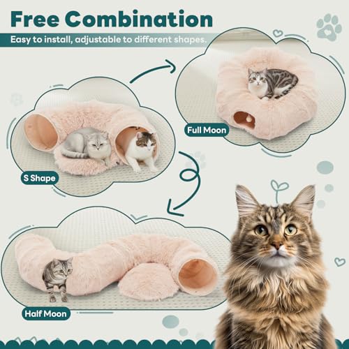 DUMOS Cat Tunnel Bed for Indoor Cats, Cave Donut Play Tunnel, Cream | Soft Plush Peekaboo, Washable Circle Cushion, Multifunctional Playground Under Tree Toys for Kittens, Puppy, Rabbit, Ferret - color: Cream