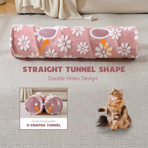 Straight Cat Tunnel for Indoor Cats 47"x12", Pink Flower | Cute Cat Toys, Collapsible Tunnel Tube with Hanging Balls for Puppy Kitten Rabbit - color: Pink Flower, size: Straight