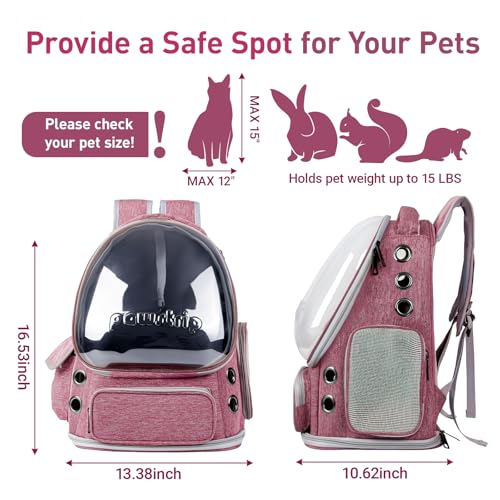 Cat Backpack Carrier Clear Bubble Window for Cats & Small Dogs up to 15 lb | Large Space Breathable Foldable Pet Carrier Airline Approved, Mesh Entry Safety Tether Washable Pad, Travel Hiking Outdoor - color: Pink