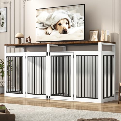 87In Farmhouse Dog Crate TV Stand, Wooden Dog Kennel Furniture with 2 Doors, Large Dog Crate Furniture for 2 Dogs, Solid Metal Tube & 4 Lockable Doors, White - color: White