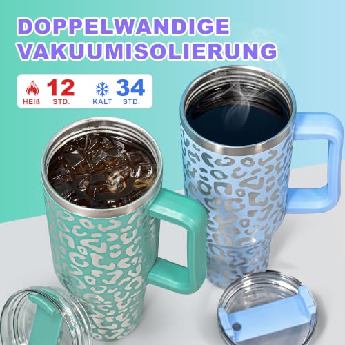40 oz Tumbler with Handle and Straw, 100% Leak-Proof Travel Mug, Stainless Steel Double Wall Vacuum Insulated Coffee Cup Keeps Cold For 34 Hours, Dishwasher Safe, Lavender Leopard - color: Lavender Leopard