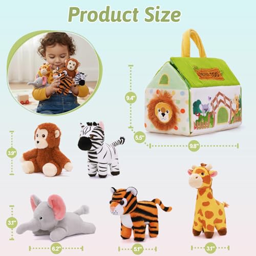 Mini Zoo Stuffed Animals Set - 5 Soft Safari Animals with Carry House 9.8" | Ultra-Soft, Safe, Travel-friendly, Educational, Gift Ready - color: Zoo