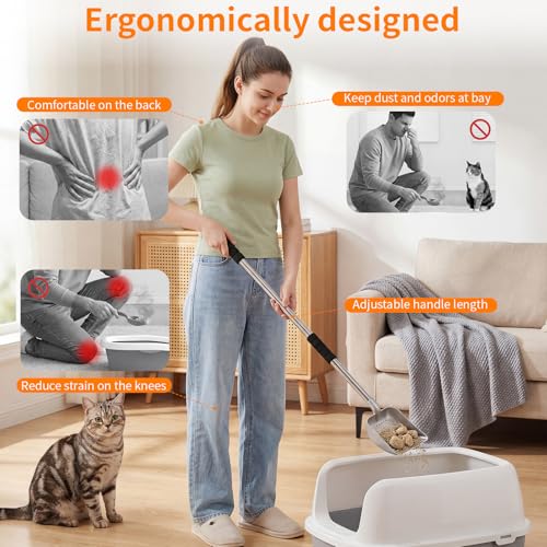 Metal Cat Litter Scoop: Detachable Long Handle Litter Scooper | Heavy Duty Stainless Steel Pooper Scooper w/Deep Shovel-Non Stick Sifter w/Foam Padded Grip-No Bending w/Storage Hook - color: silver shovel