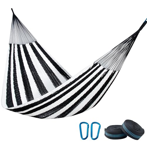 Handwoven Rope Mayan Hammock for Outside, 600 lbs Capacity | 2 Person, Portable Carrying Bag, Easy-Used Tree Straps, Carabiners, Soft Fabric, Patio (Black and White, X-Large) - color: Black and White, size: X-Large