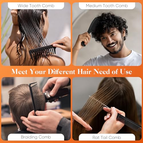 SALONSILK 4PCS Professional Comb Set, Wide Tooth Rat Tail Fine Tooth Hair Combs, Braiding Cutting Barber Styling Curly Parting Set for Men and Women - color: Black-4 PCS