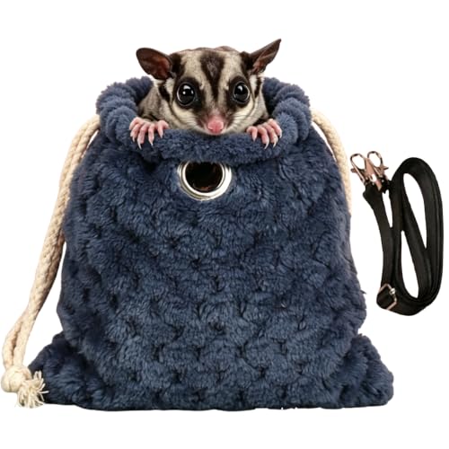 Sugar Glider Bonding Pouch Warm Travel Carrier Hamster Nest & Strap (Blue) | Extra-thick plush carrier for sugar glider & hamster. Features multi-hole ventilation, ideal for short travel with small pets - color: Blue
