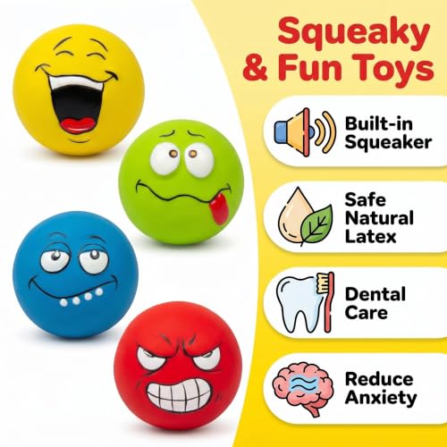 Squeaky Dog Toys, Funny Face Latex Rubber Interactive Dog Balls, Soft Chew Fetch Play Toys for Puppy Small Medium Dogs, 4PCS - color: Red Blue Yellow Green